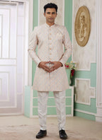 Raivat Ethnic Banarasi Jacquard Embroidery Indo Western Sherwani In Beige Colour