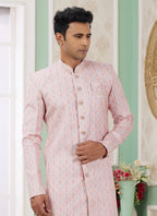 Raivat Ethnic Banarasi Jacquard Embroidery Indo Western Sherwani In Pink Colour