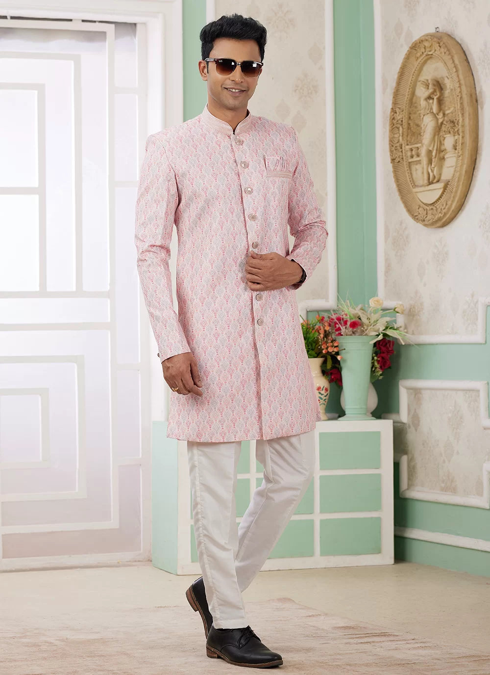 Raivat Ethnic Banarasi Jacquard Embroidery Indo Western Sherwani In Pink Colour