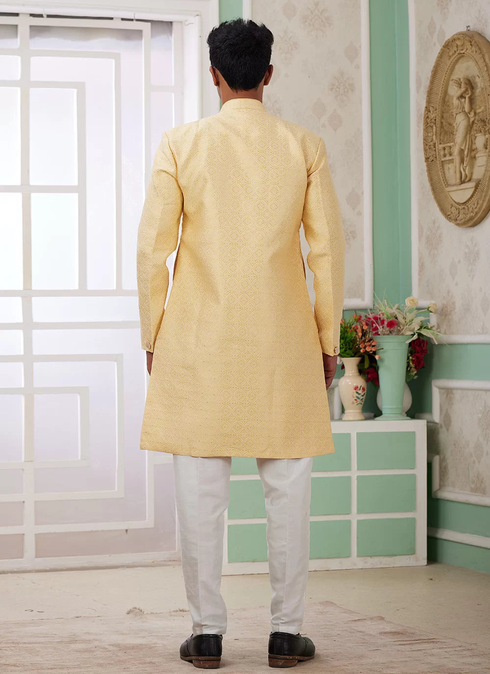 Raivat Ethnic Banarasi Jacquard Embroidery Indo Western Sherwani In Yellow Colour