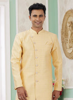 Raivat Ethnic Banarasi Jacquard Embroidery Indo Western Sherwani In Yellow Colour