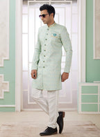 Raivat Ethnic Banarasi Jacquard Embroidery Indo Western Sherwani In Green Colour