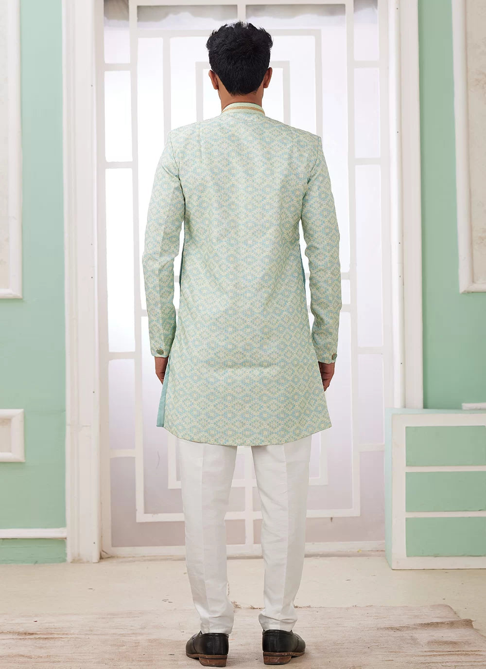 Raivat Ethnic Banarasi Jacquard Embroidery Indo Western Sherwani In Green Colour