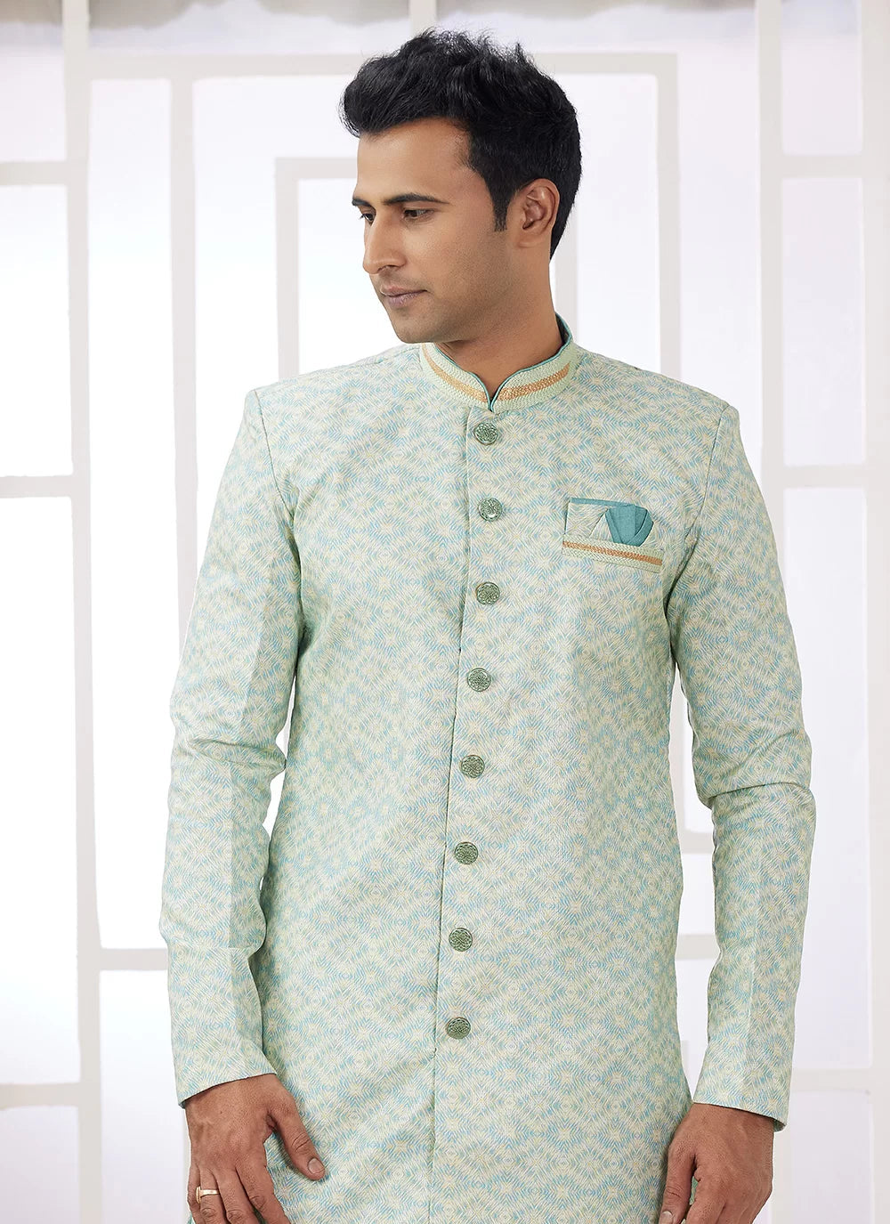 Raivat Ethnic Banarasi Jacquard Embroidery Indo Western Sherwani In Green Colour