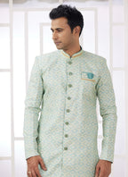 Raivat Ethnic Banarasi Jacquard Embroidery Indo Western Sherwani In Green Colour