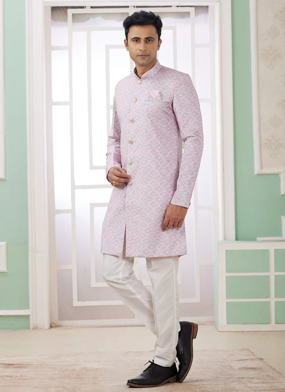 Raivat Ethnic Banarasi Jacquard Embroidery Indo Western Sherwani In Pink Colour