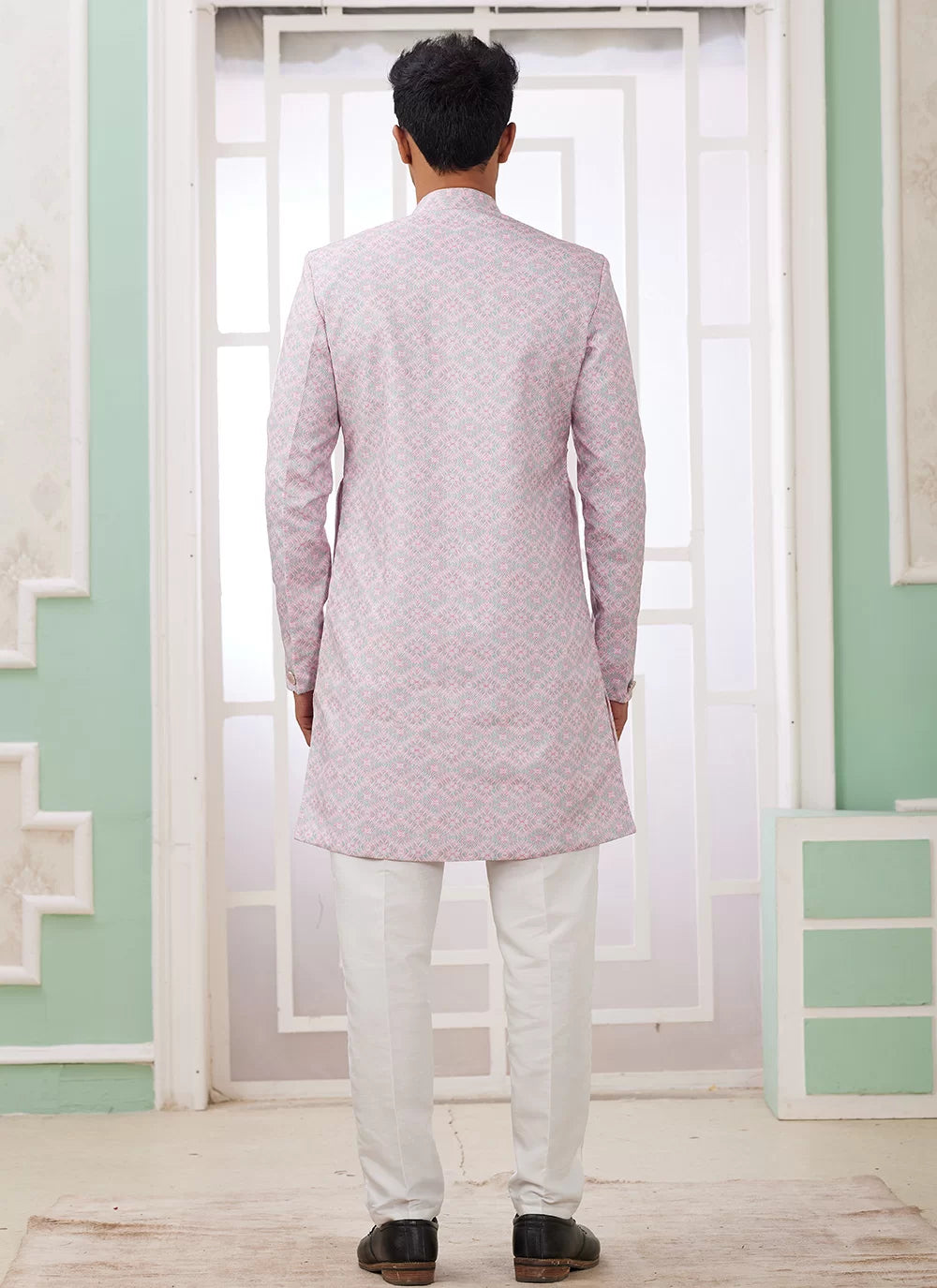 Raivat Ethnic Banarasi Jacquard Embroidery Indo Western Sherwani In Pink Colour