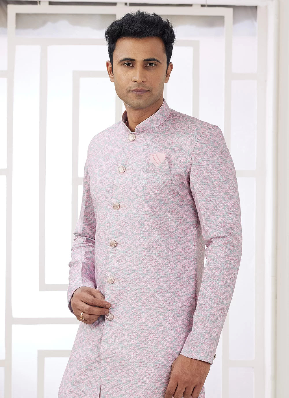 Raivat Ethnic Banarasi Jacquard Embroidery Indo Western Sherwani In Pink Colour