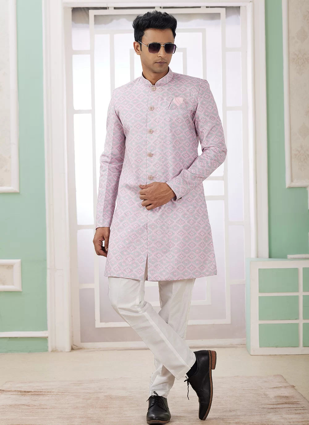 Raivat Ethnic Banarasi Jacquard Embroidery Indo Western Sherwani In Pink Colour