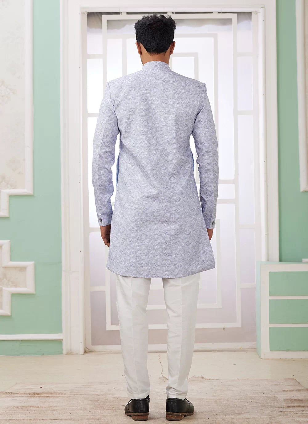 Raivat Ethnic Banarasi Jacquard Embroidery Indo Western Sherwani In Blue Colour