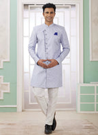Raivat Ethnic Banarasi Jacquard Embroidery Indo Western Sherwani In Blue Colour