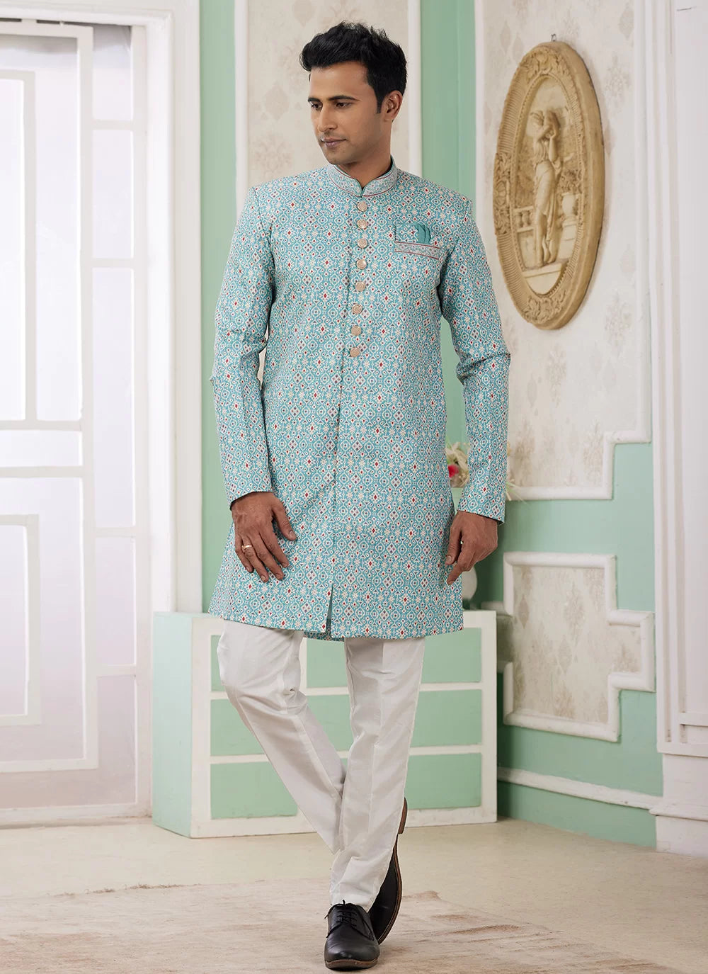 Raivat Ethnic Banarasi Jacquard Embroidery Indo Western Sherwani In Green Colour