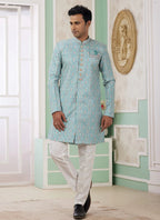 Raivat Ethnic Banarasi Jacquard Embroidery Indo Western Sherwani In Green Colour