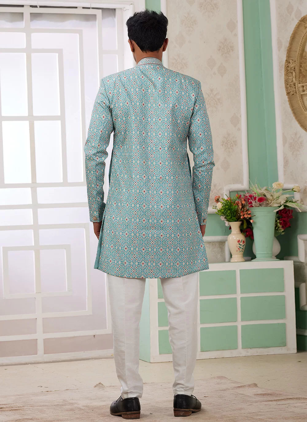 Raivat Ethnic Banarasi Jacquard Embroidery Indo Western Sherwani In Green Colour