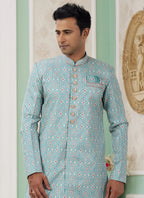 Raivat Ethnic Banarasi Jacquard Embroidery Indo Western Sherwani In Green Colour