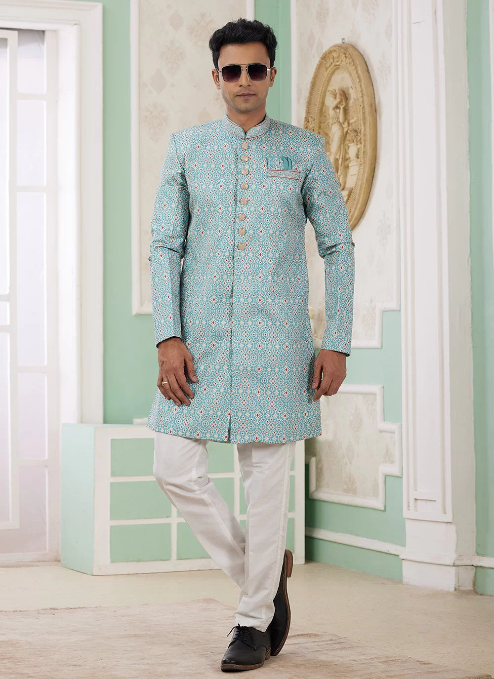 Raivat Ethnic Banarasi Jacquard Embroidery Indo Western Sherwani In Green Colour