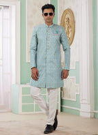 Raivat Ethnic Banarasi Jacquard Embroidery Indo Western Sherwani In Green Colour