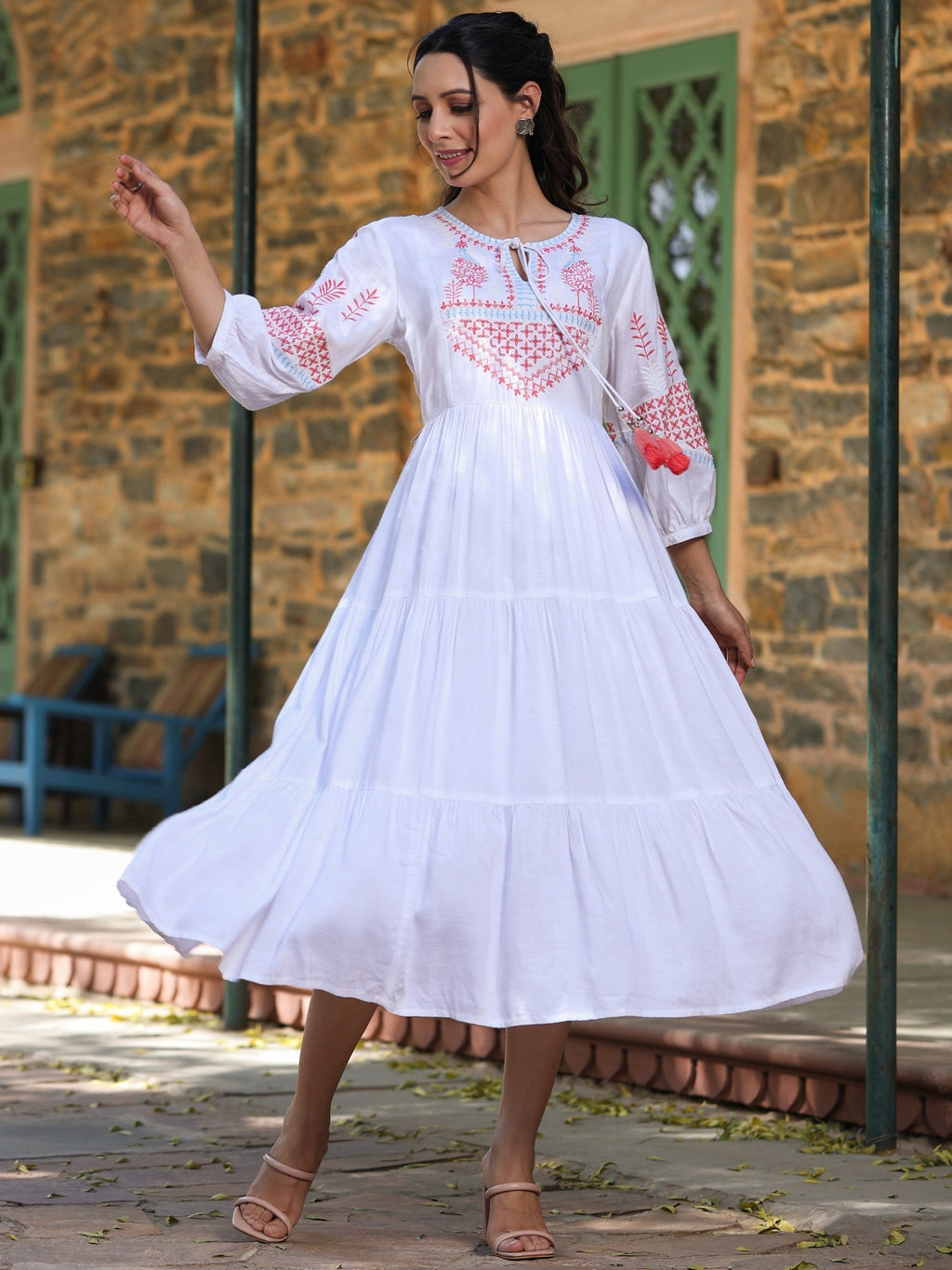 Juniper White Ethnic Motif Printed Rayon Slub Flared Dress With Thread Embroidery - Distacart