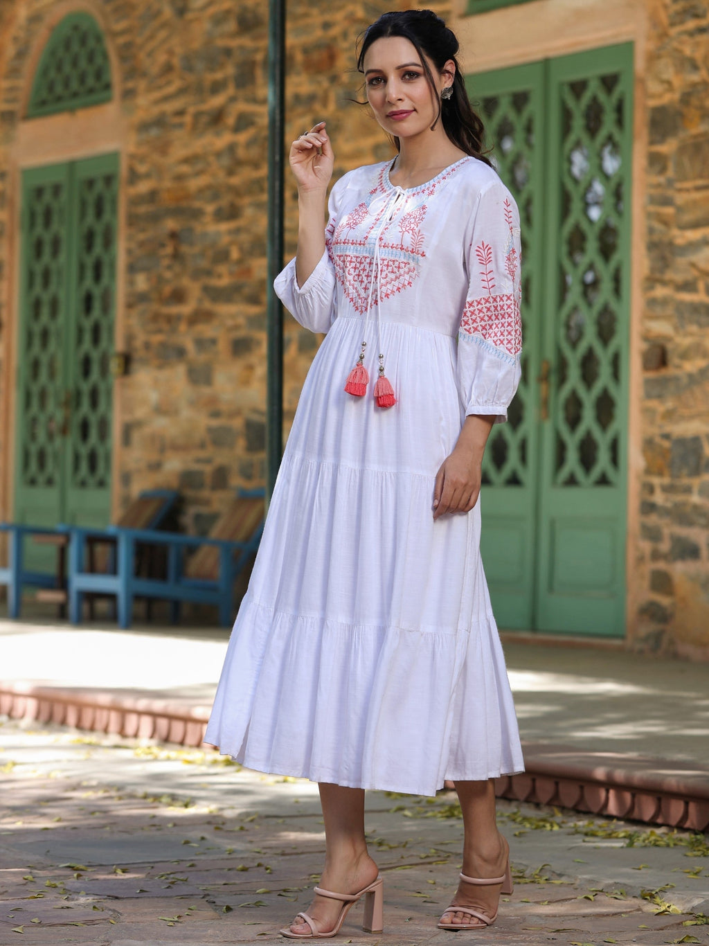 Juniper White Ethnic Motif Printed Rayon Slub Flared Dress With Thread Embroidery - Distacart