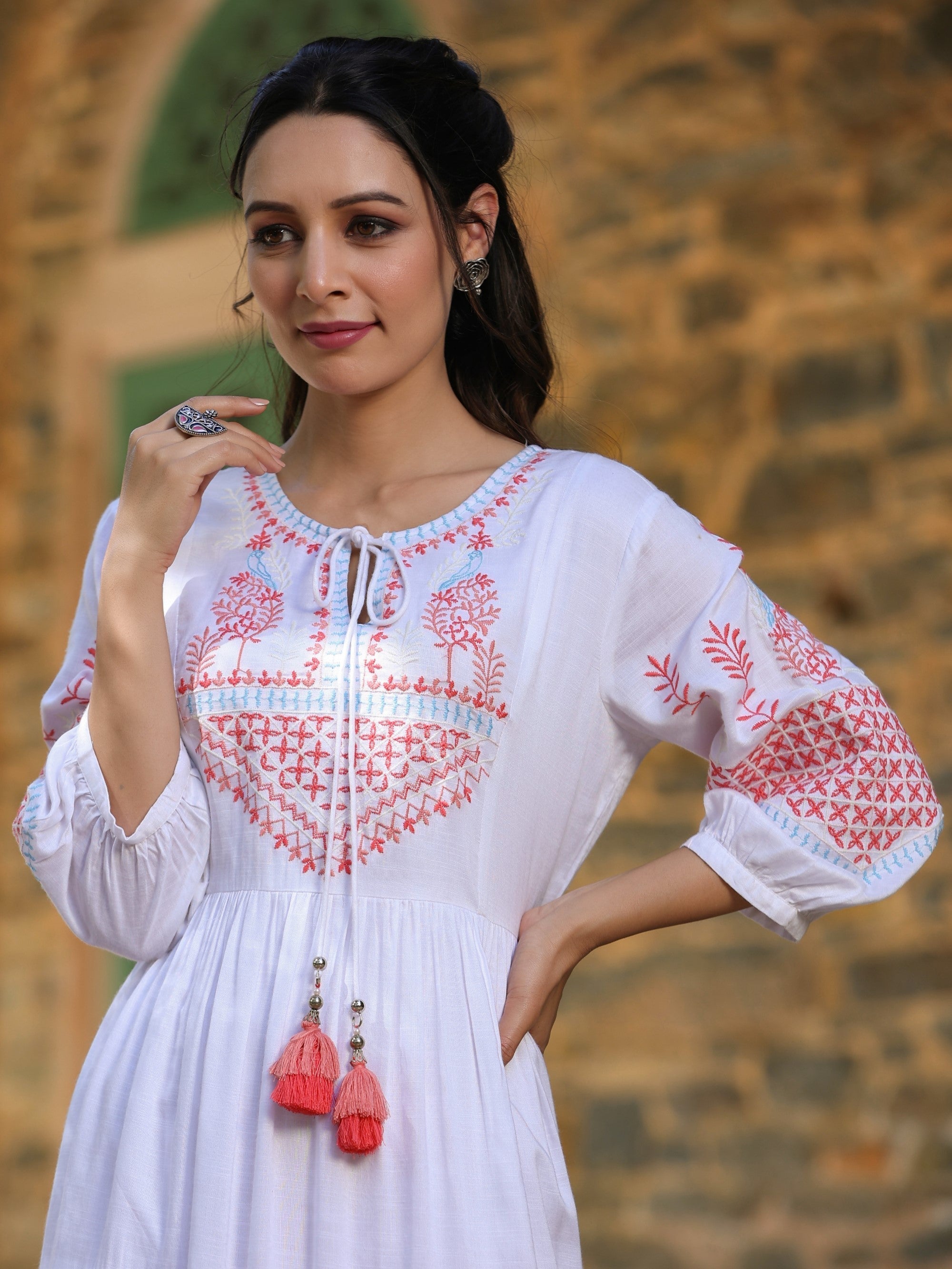 Juniper White Ethnic Motif Printed Rayon Slub Flared Dress With Thread Embroidery - Distacart