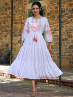 Juniper White Ethnic Motif Printed Rayon Slub Flared Dress With Thread Embroidery - Distacart