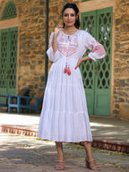 Juniper White Ethnic Motif Printed Rayon Slub Flared Dress With Thread Embroidery - Distacart