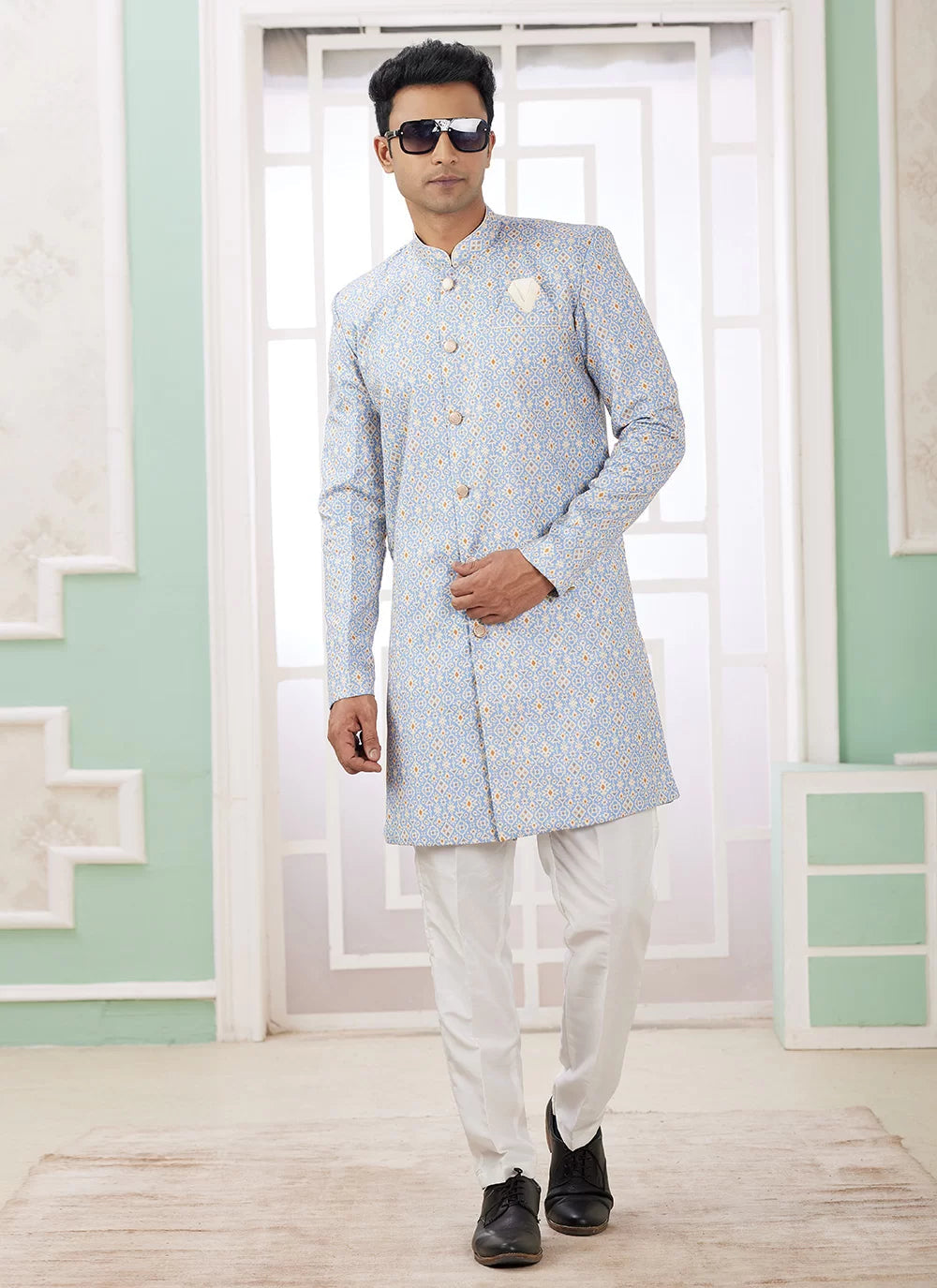 Raivat Ethnic Banarasi Jacquard Embroidery Indo Western Sherwani In Blue Colour