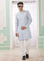 Raivat Ethnic Banarasi Jacquard Embroidery Indo Western Sherwani In Blue Colour