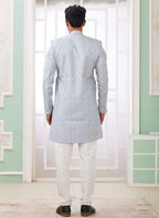 Raivat Ethnic Banarasi Jacquard Embroidery Indo Western Sherwani In Blue Colour