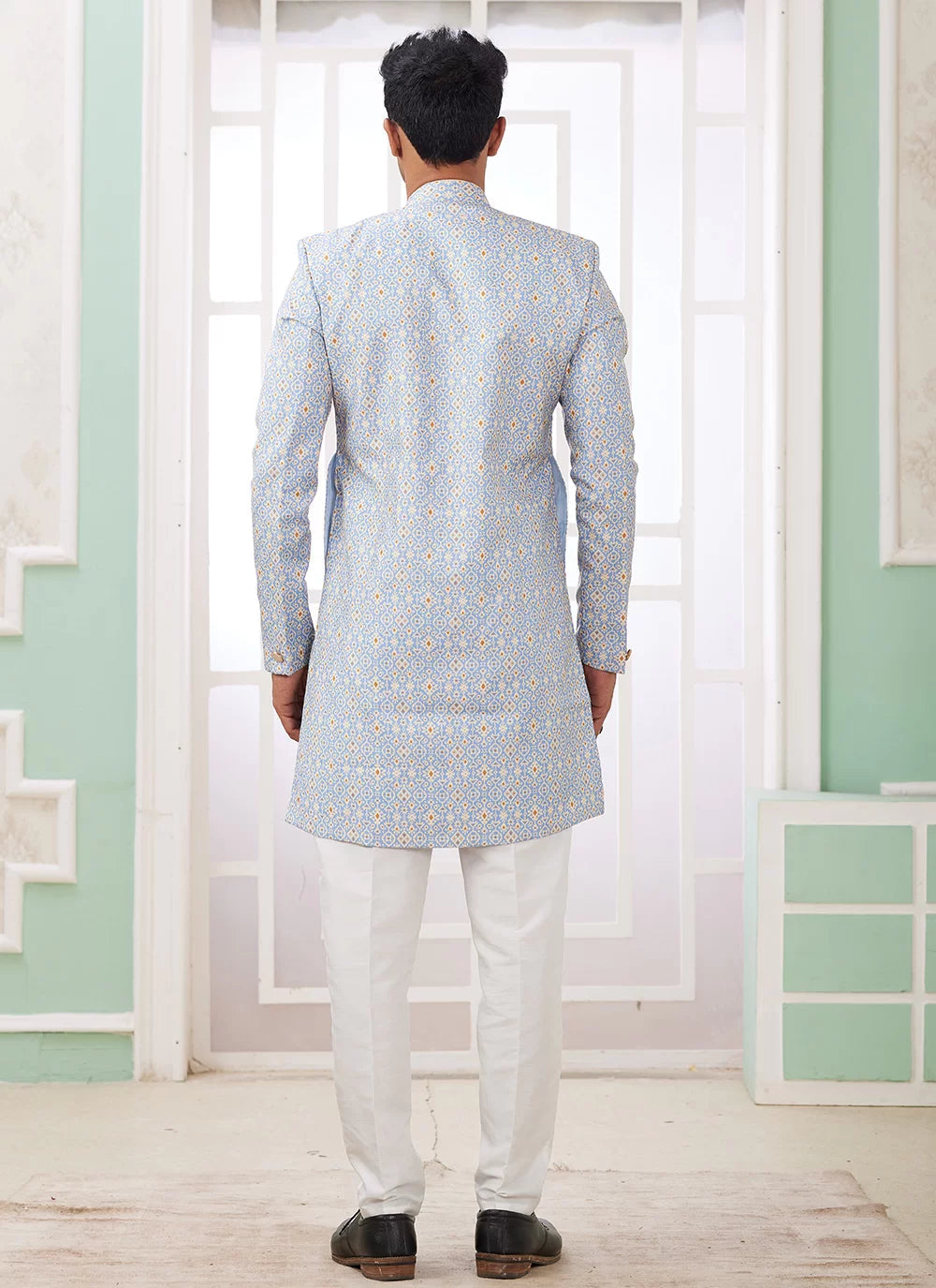 Raivat Ethnic Banarasi Jacquard Embroidery Indo Western Sherwani In Blue Colour