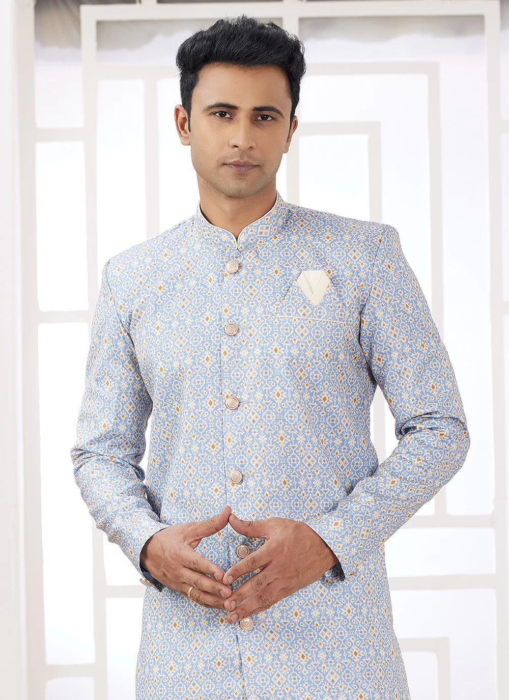 Raivat Ethnic Banarasi Jacquard Embroidery Indo Western Sherwani In Blue Colour