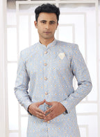 Raivat Ethnic Banarasi Jacquard Embroidery Indo Western Sherwani In Blue Colour
