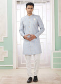 Raivat Ethnic Banarasi Jacquard Embroidery Indo Western Sherwani In Blue Colour