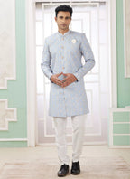 Raivat Ethnic Banarasi Jacquard Embroidery Indo Western Sherwani In Blue Colour