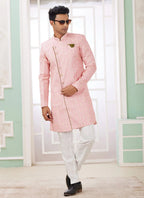 Raivat Ethnic Banarasi Jacquard Embroidery Indo Western Sherwani In Dark Pink Colour