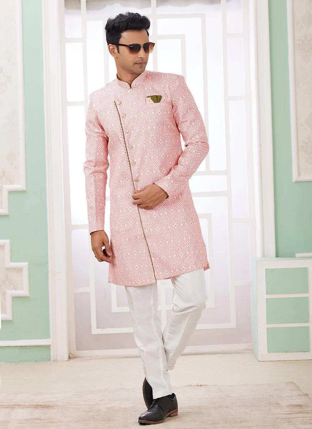 Raivat Ethnic Banarasi Jacquard Embroidery Indo Western Sherwani In Dark Pink Colour