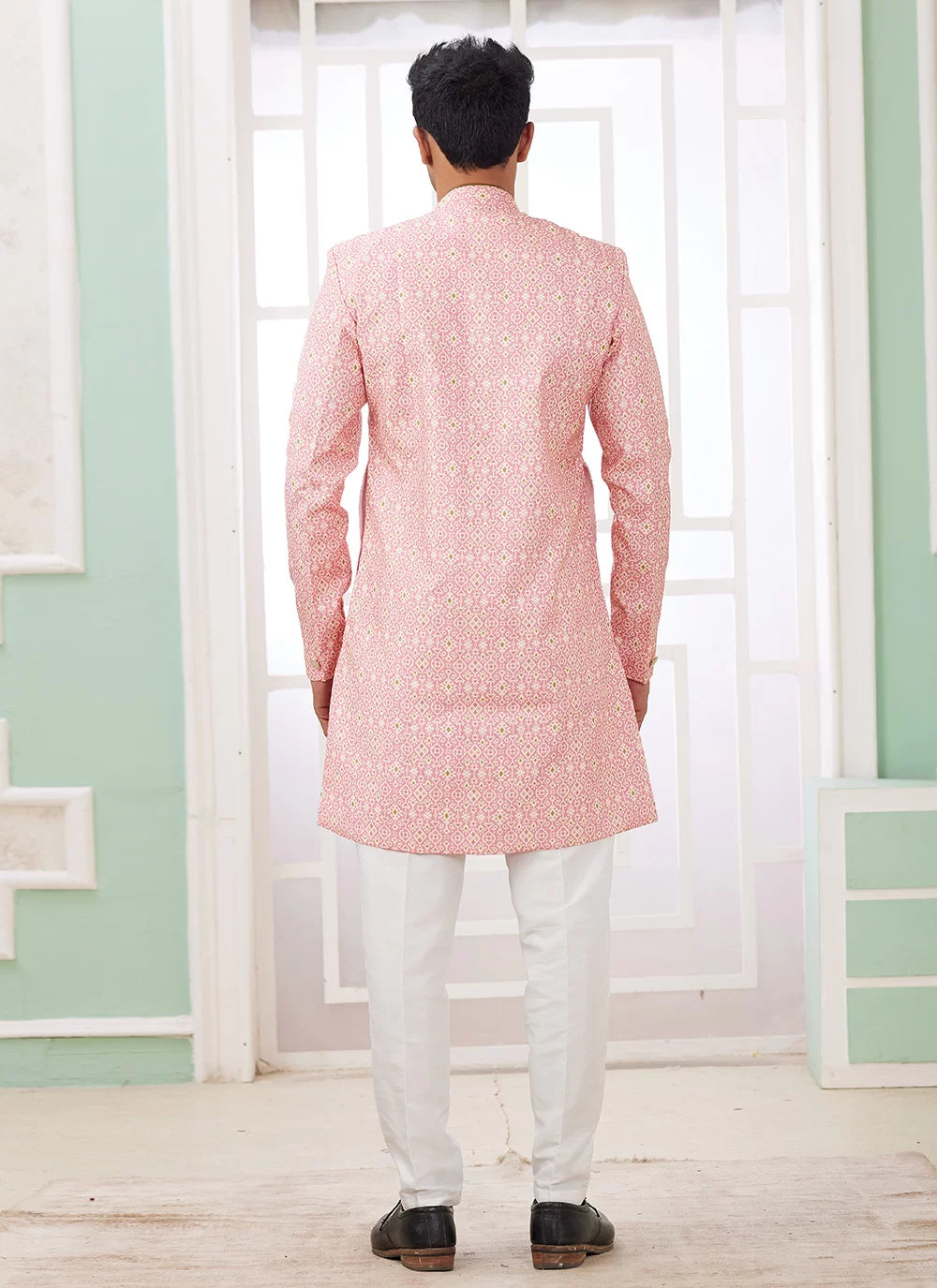 Raivat Ethnic Banarasi Jacquard Embroidery Indo Western Sherwani In Dark Pink Colour