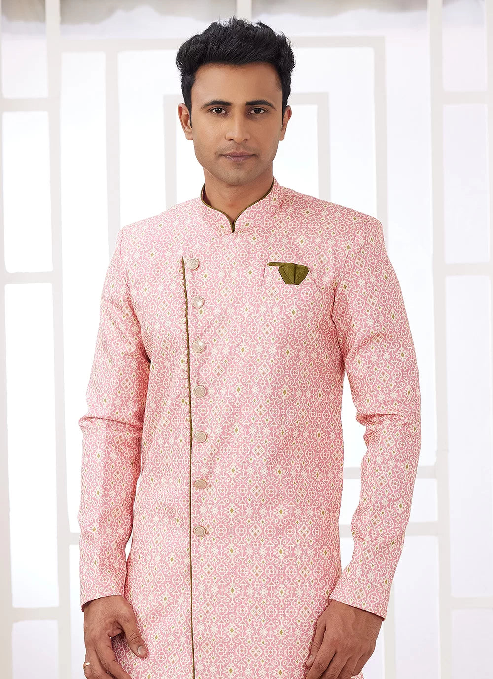 Raivat Ethnic Banarasi Jacquard Embroidery Indo Western Sherwani In Dark Pink Colour