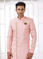 Raivat Ethnic Banarasi Jacquard Embroidery Indo Western Sherwani In Dark Pink Colour