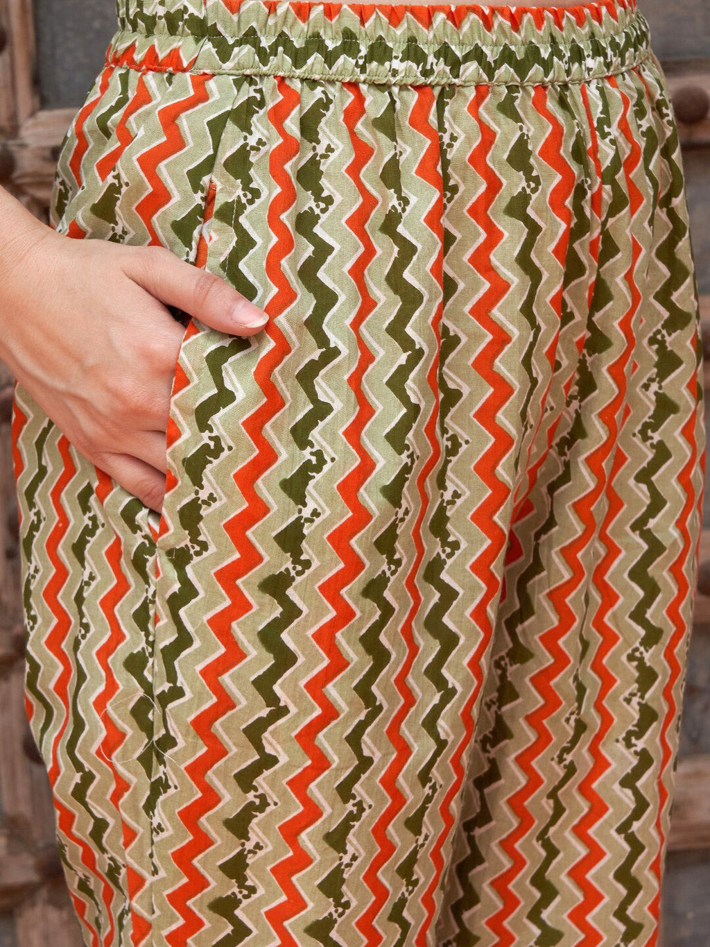 Sangria Orange Printed Gotta Patti Detail Pure Cotton A-Line Kurta With Trousers & Dupatta