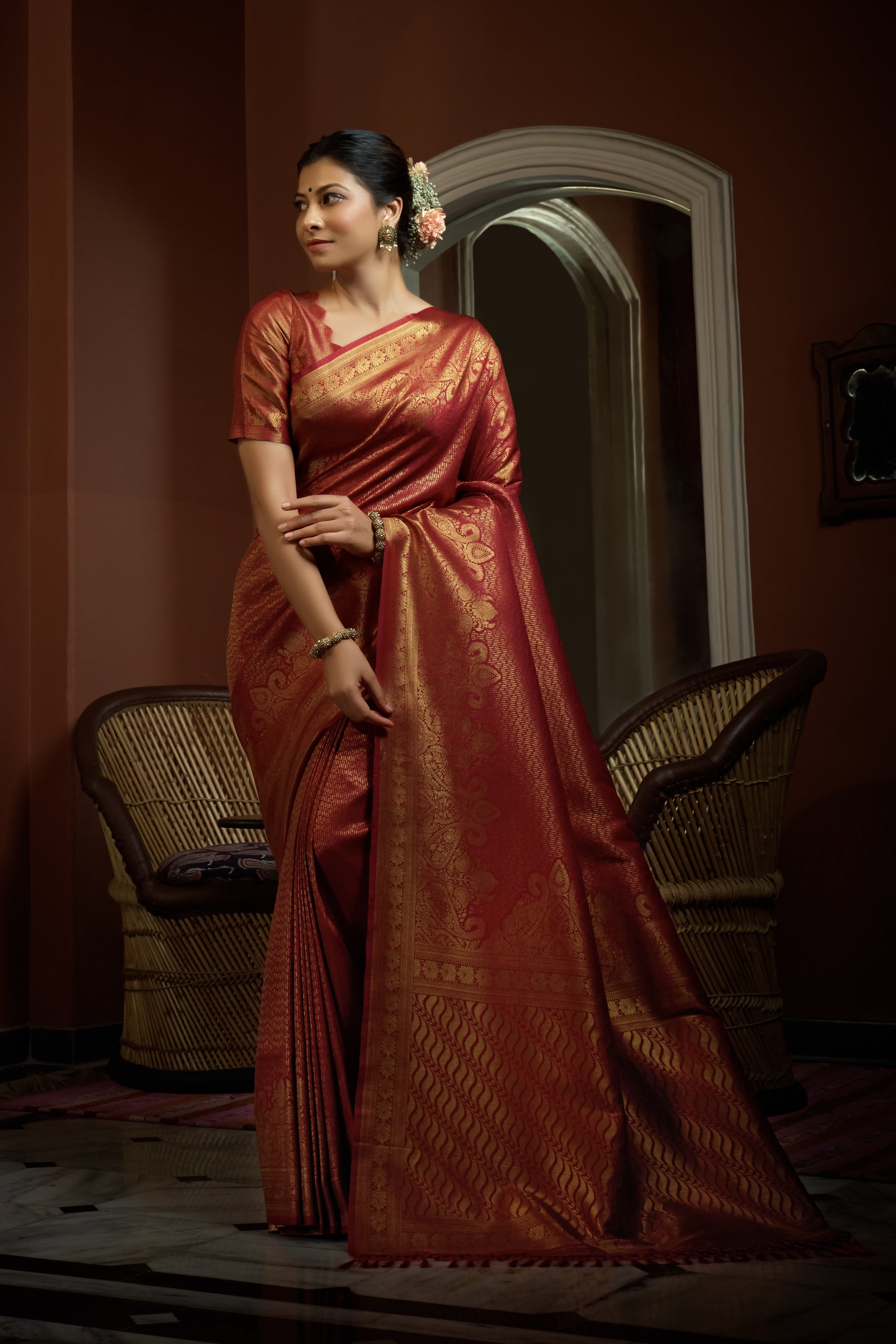 Vardha Auburn Red Golden Zari Kanjeevaram Silk Saree