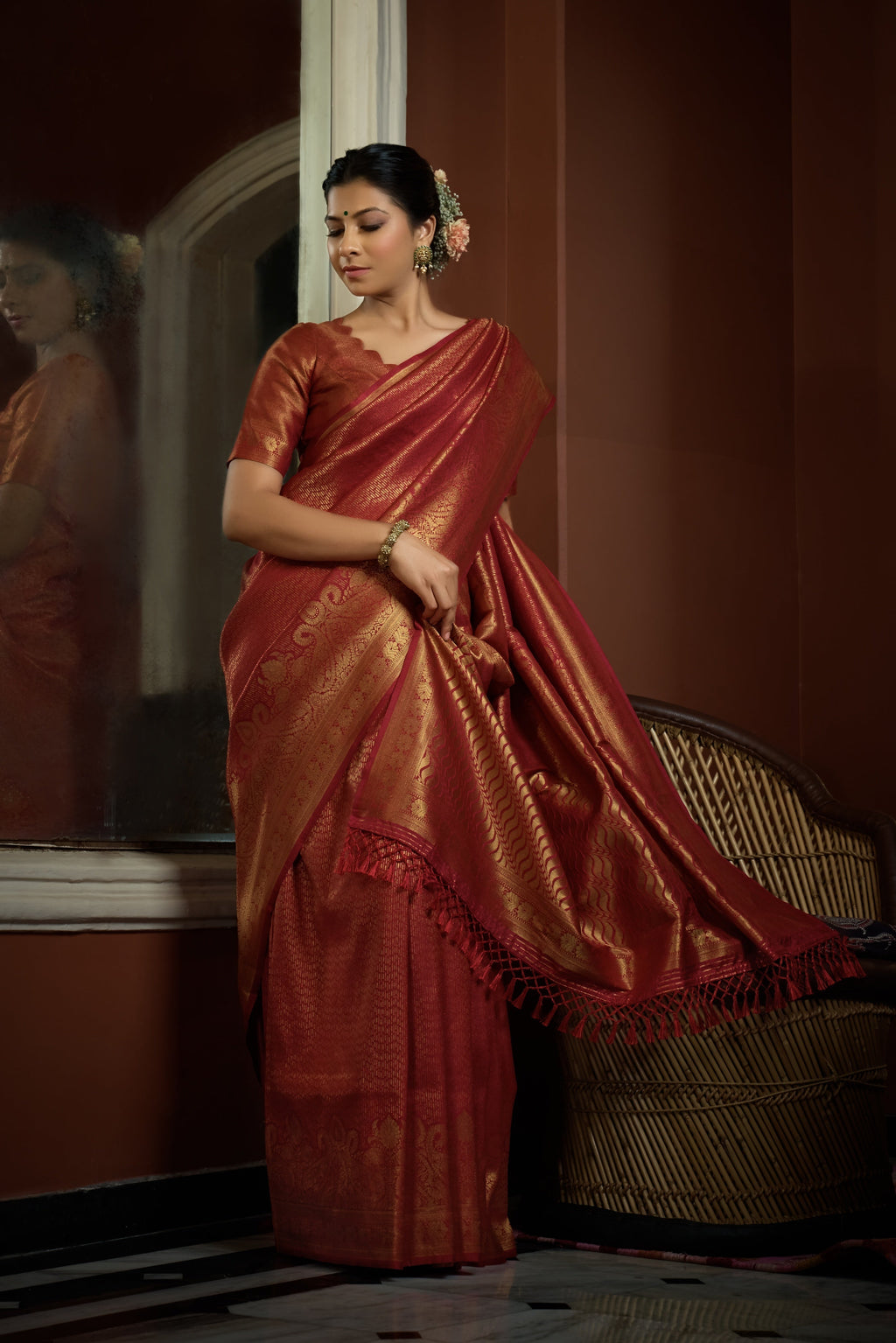 Vardha Auburn Red Golden Zari Kanjeevaram Silk Saree