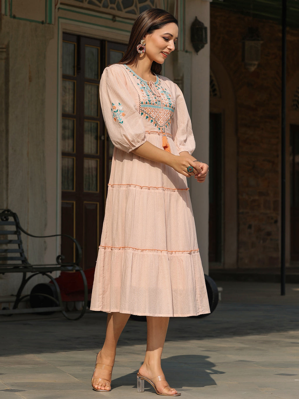 Juniper Women Peach Cotton Dobby Embroidered Tiered Maxi Dress - Distacart