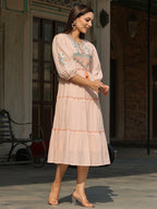 Juniper Women Peach Cotton Dobby Embroidered Tiered Maxi Dress - Distacart
