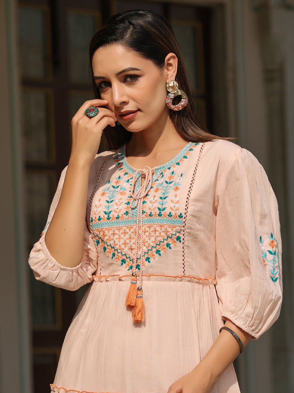 Juniper Women Peach Cotton Dobby Embroidered Tiered Maxi Dress - Distacart