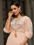 Juniper Women Peach Cotton Dobby Embroidered Tiered Maxi Dress - Distacart