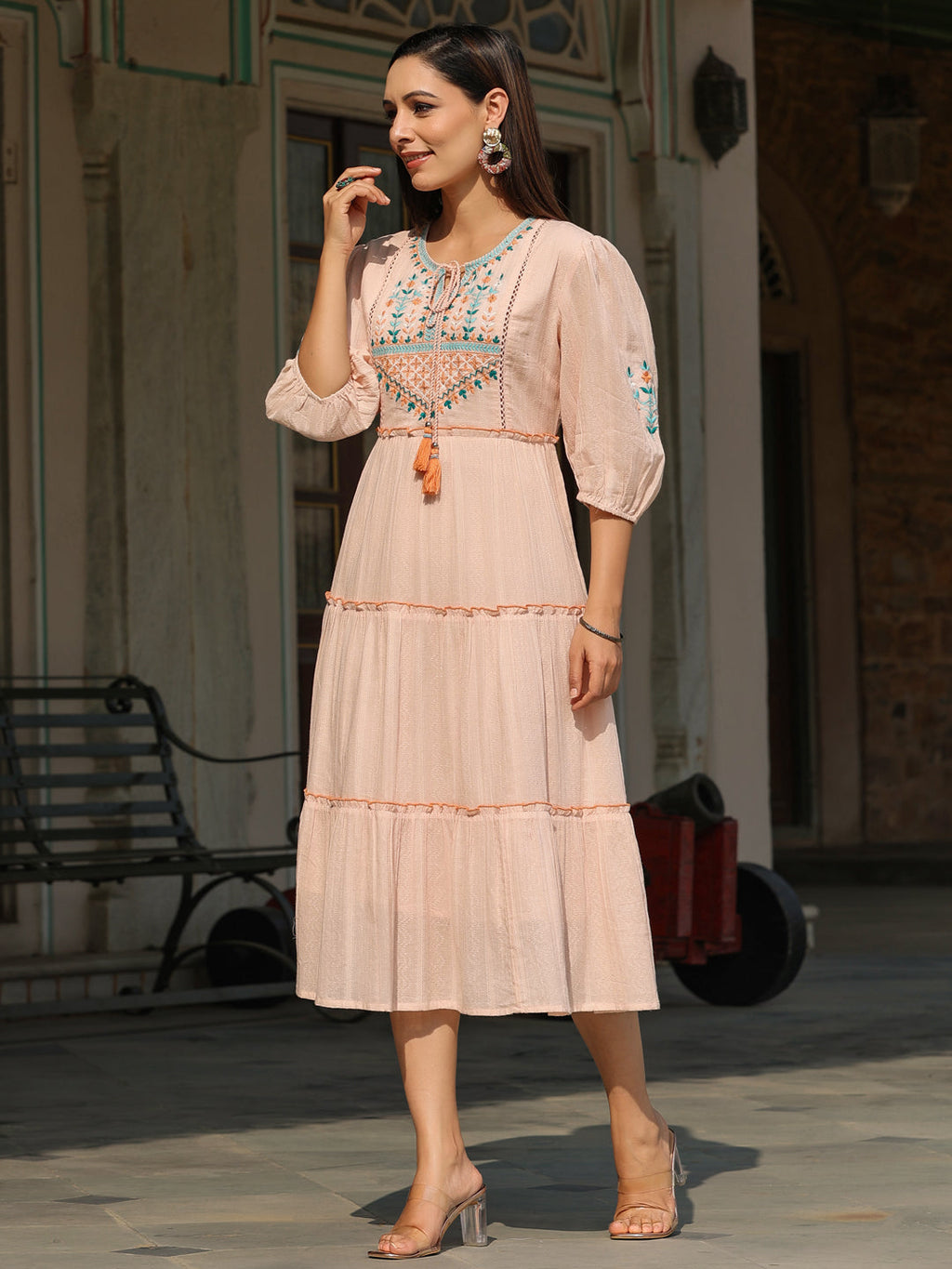 Juniper Women Peach Cotton Dobby Embroidered Tiered Maxi Dress - Distacart