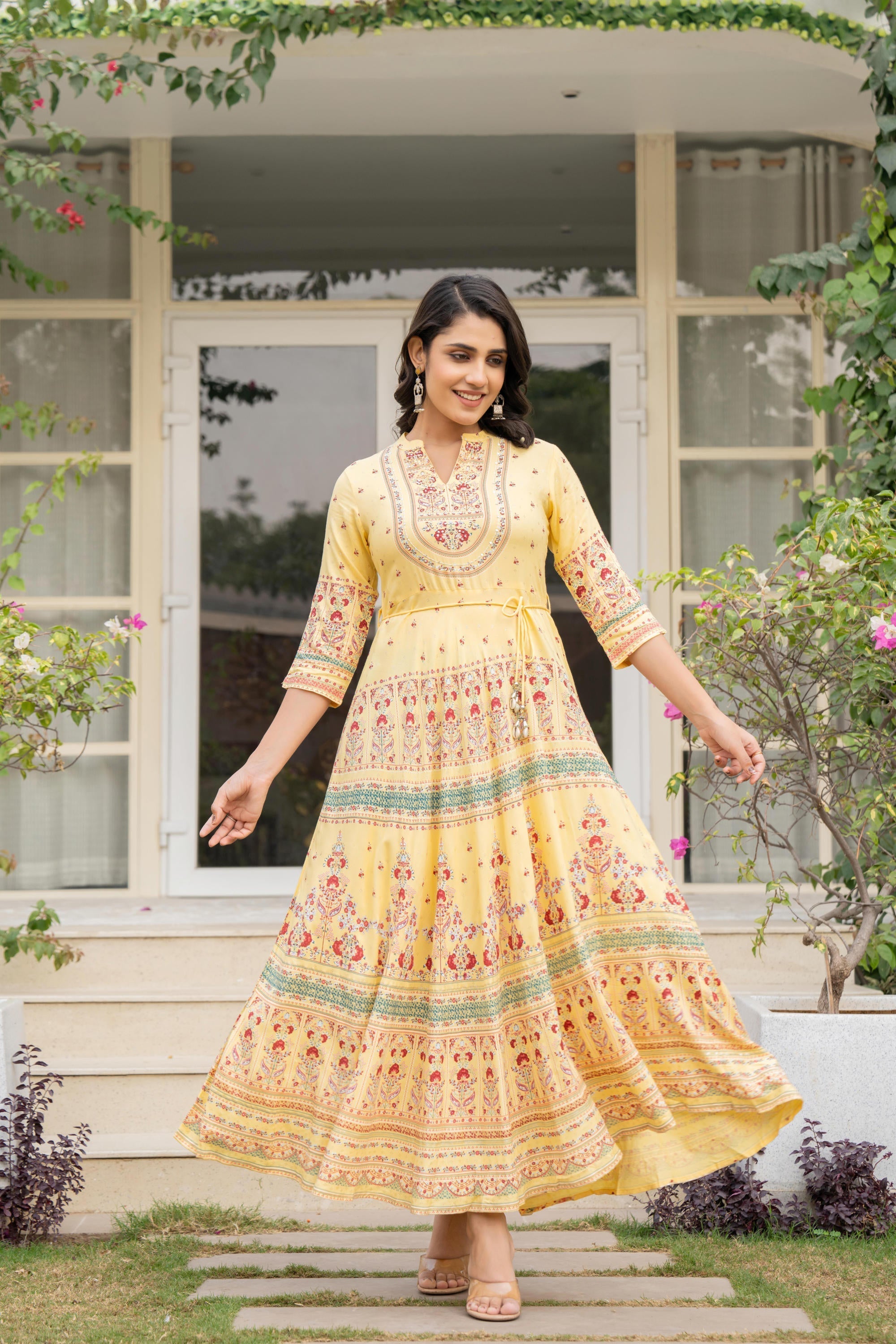 Juniper Women's Yellow Ethnic Motif Printed Rayon Dress With Dori & Kaudis - Distacart