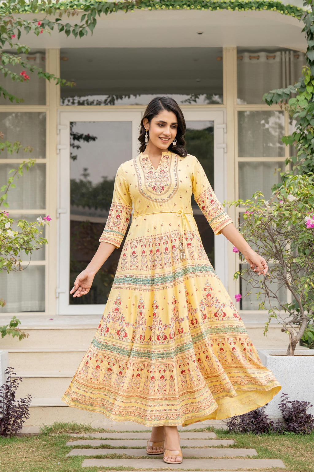 Juniper Women's Yellow Ethnic Motif Printed Rayon Dress With Dori & Kaudis - Distacart