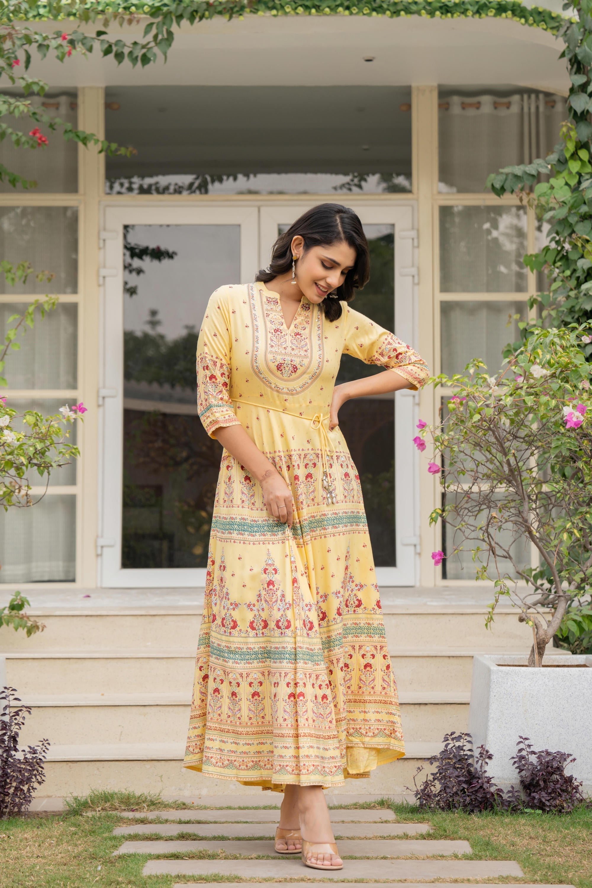 Juniper Women's Yellow Ethnic Motif Printed Rayon Dress With Dori & Kaudis - Distacart